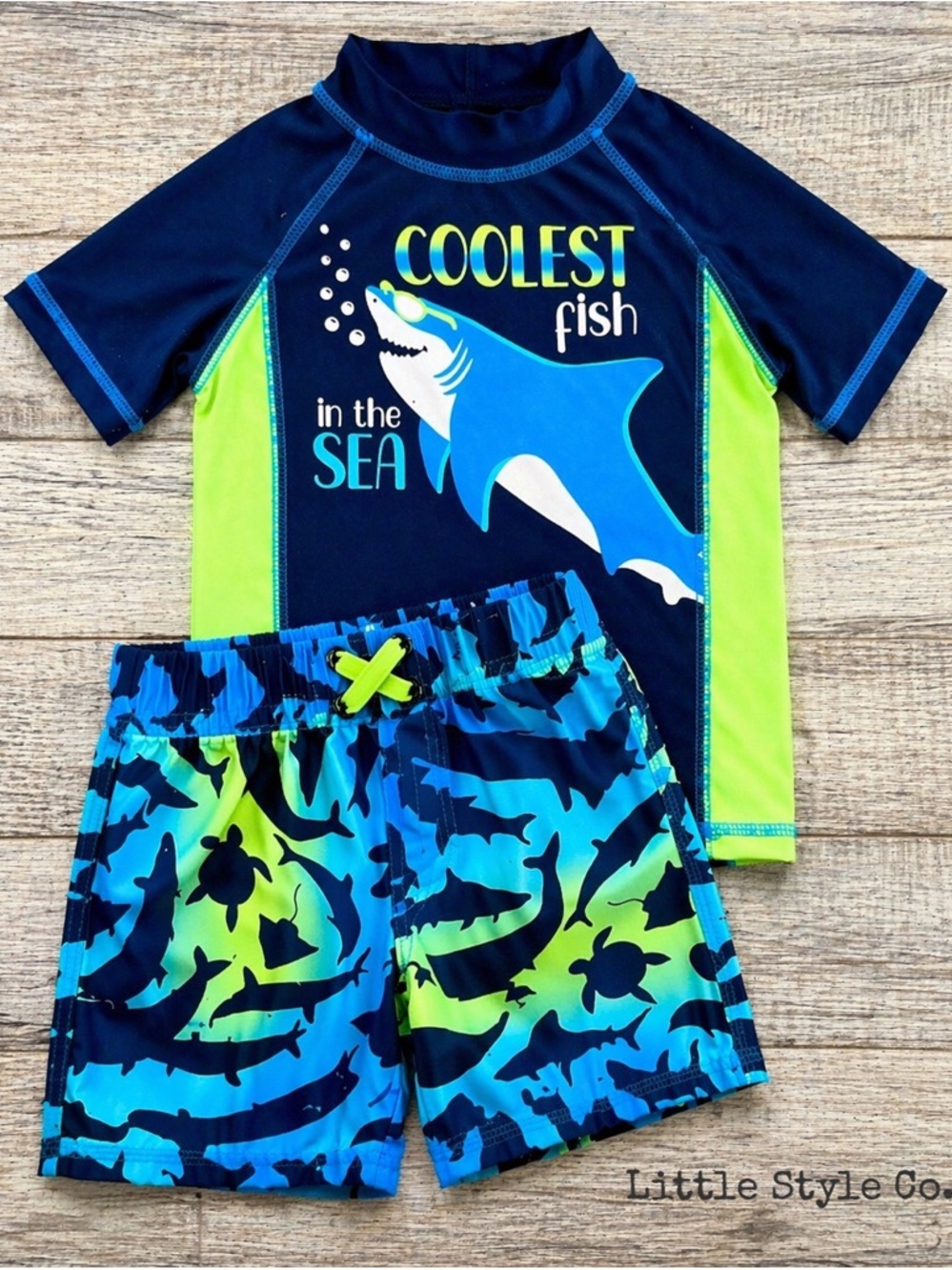 Mick Mack Boys Swim Set 2T Shark Rash Guard + Swim Trunks Beach Summer Outfit